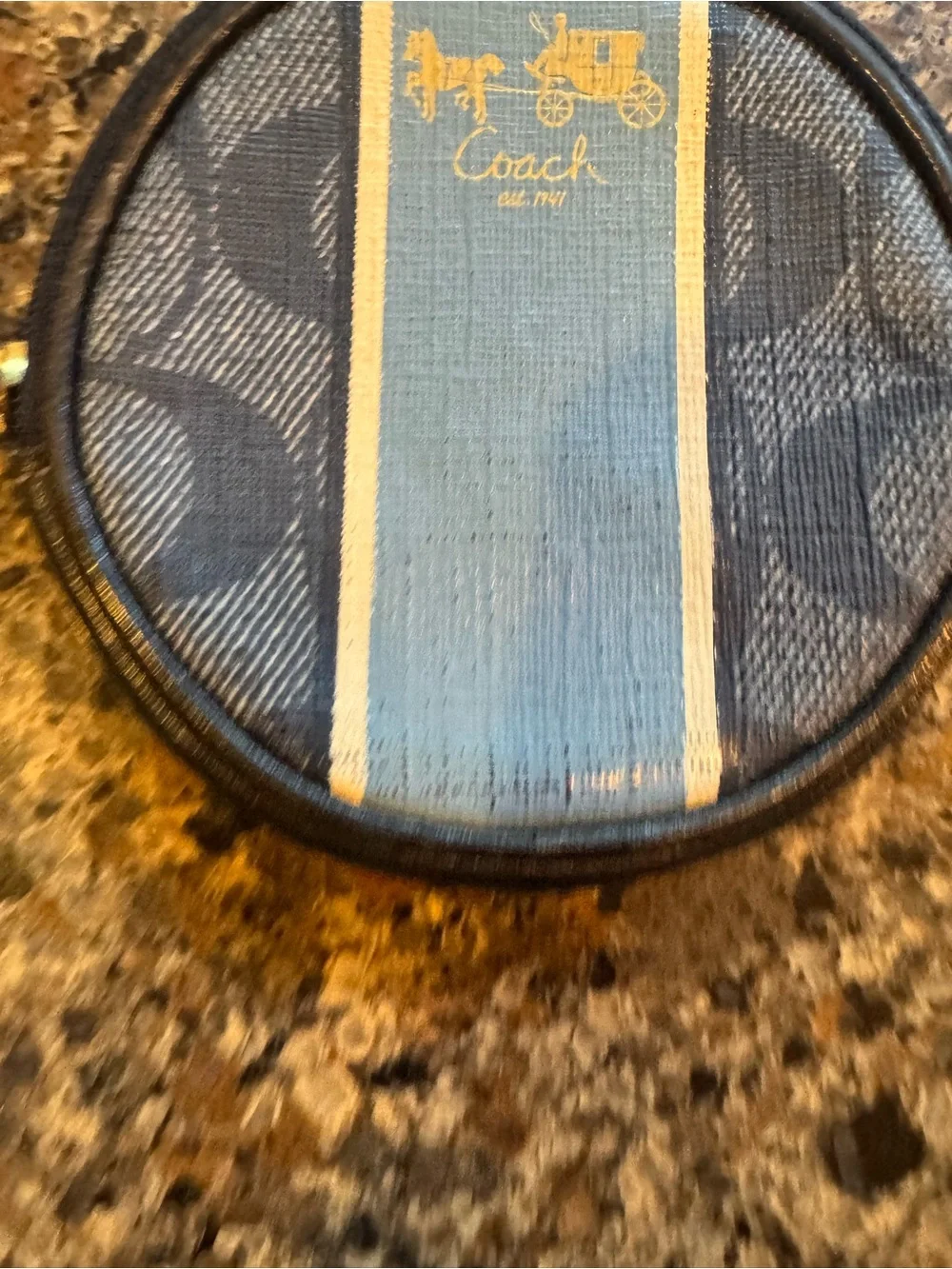 Coach Round Coin Pouch in Blue and Cream Varsity Stripe